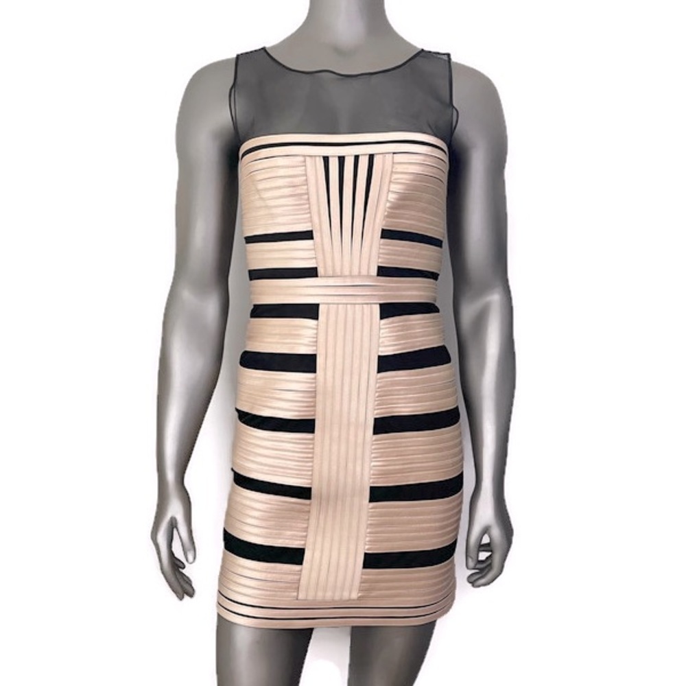 BCBGMaxazria Dress Womens 6 Champagne Satin Mesh Sleeveless Short Party Sexy